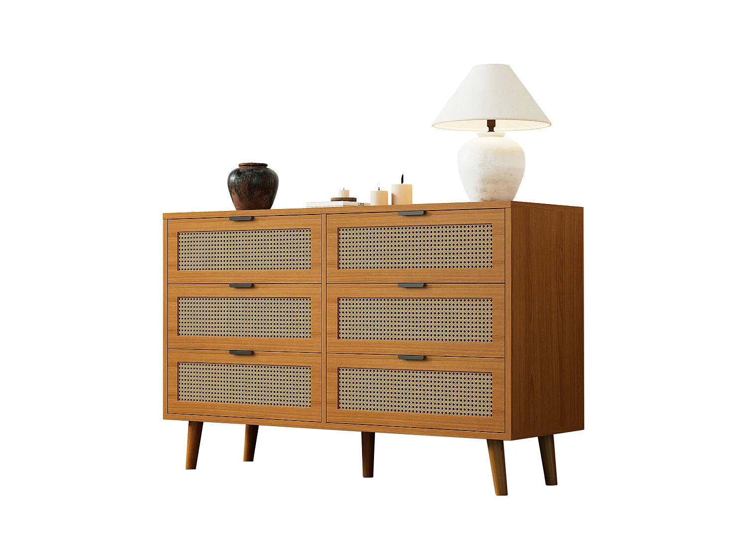 Commode avec 6 tiroirs, meuble de rangement en bois avec poignées métalliques, style rétro, pour chambre et bureau (120x40x76.5 cm)