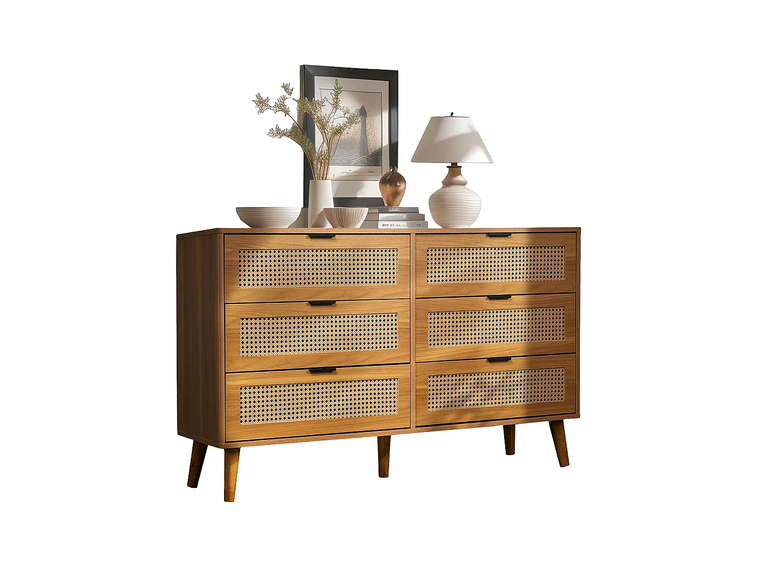 Commode avec 6 tiroirs, meuble de rangement en bois avec poignées métalliques, style rétro, pour chambre et bureau (120x40x76.5 cm)