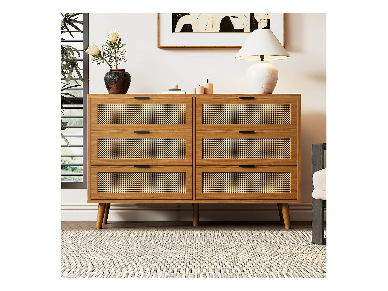 Commode avec 6 tiroirs, meuble de rangement en bois avec poignées métalliques, style rétro, pour chambre et bureau (120x40x76.5 cm)