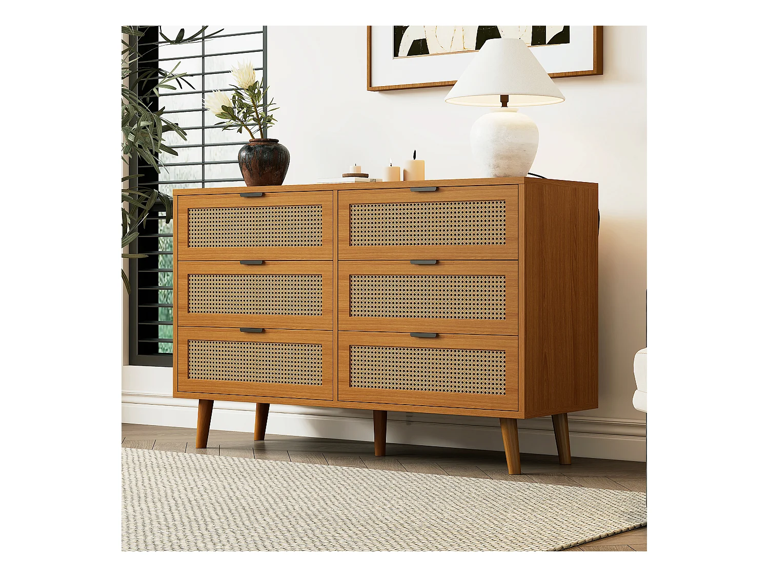 Commode avec 6 tiroirs, meuble de rangement en bois avec poignées métalliques, style rétro, pour chambre et bureau (120x40x76.5 cm)