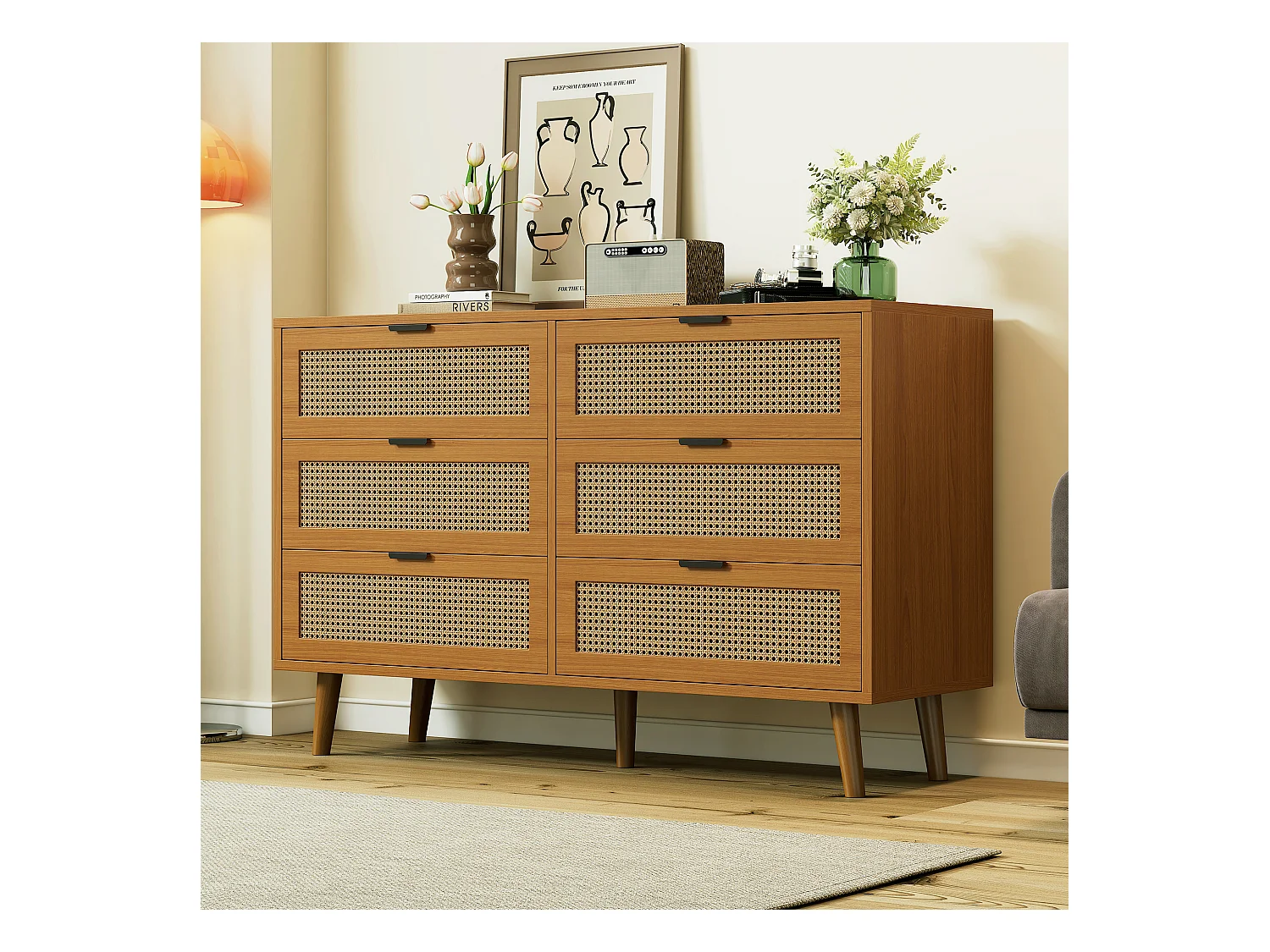 Commode avec 6 tiroirs, meuble de rangement en bois avec poignées métalliques, style rétro, pour chambre et bureau (120x40x76.5 cm)