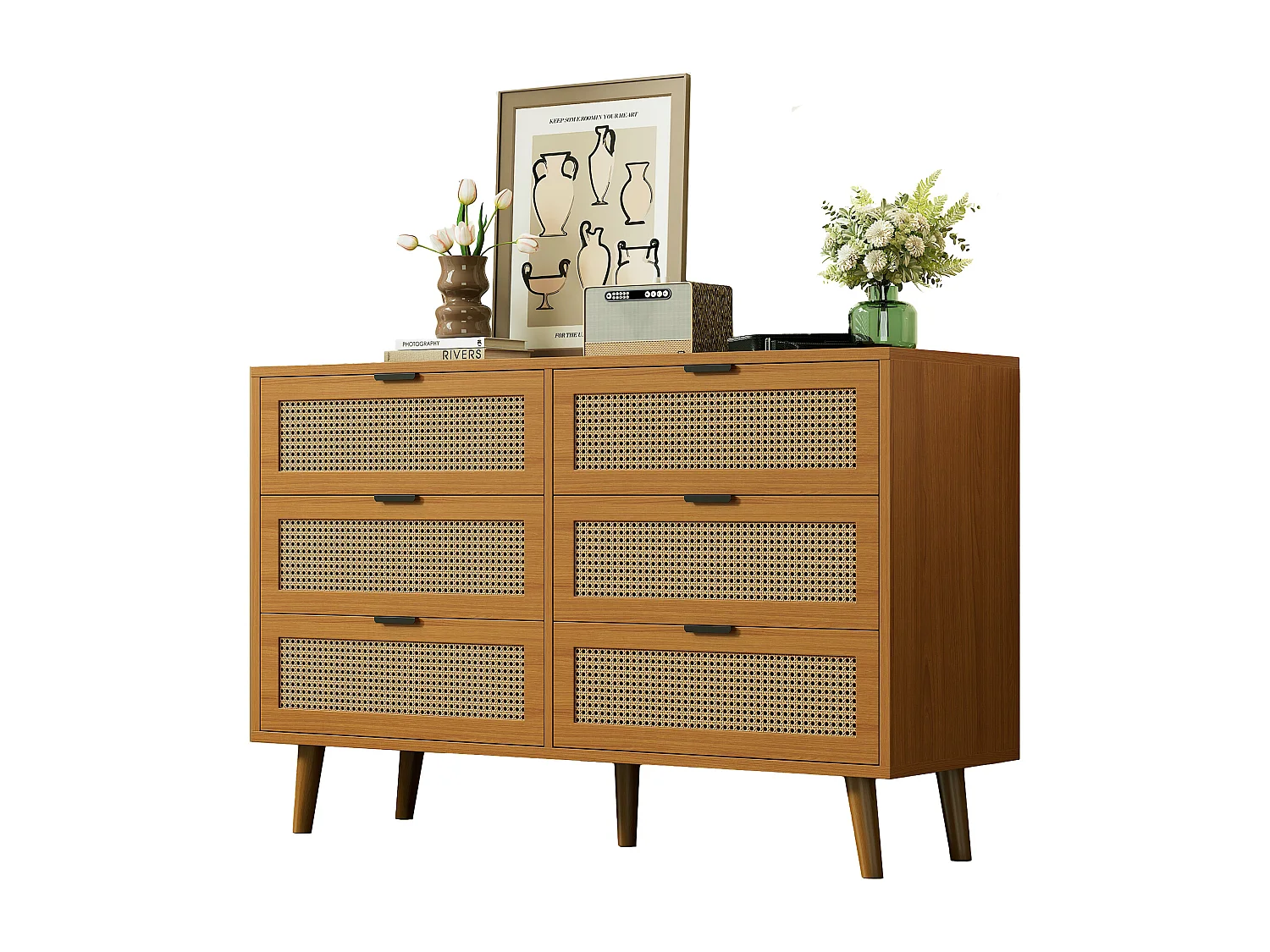 Commode avec 6 tiroirs, meuble de rangement en bois avec poignées métalliques, style rétro, pour chambre et bureau (120x40x76.5 cm)