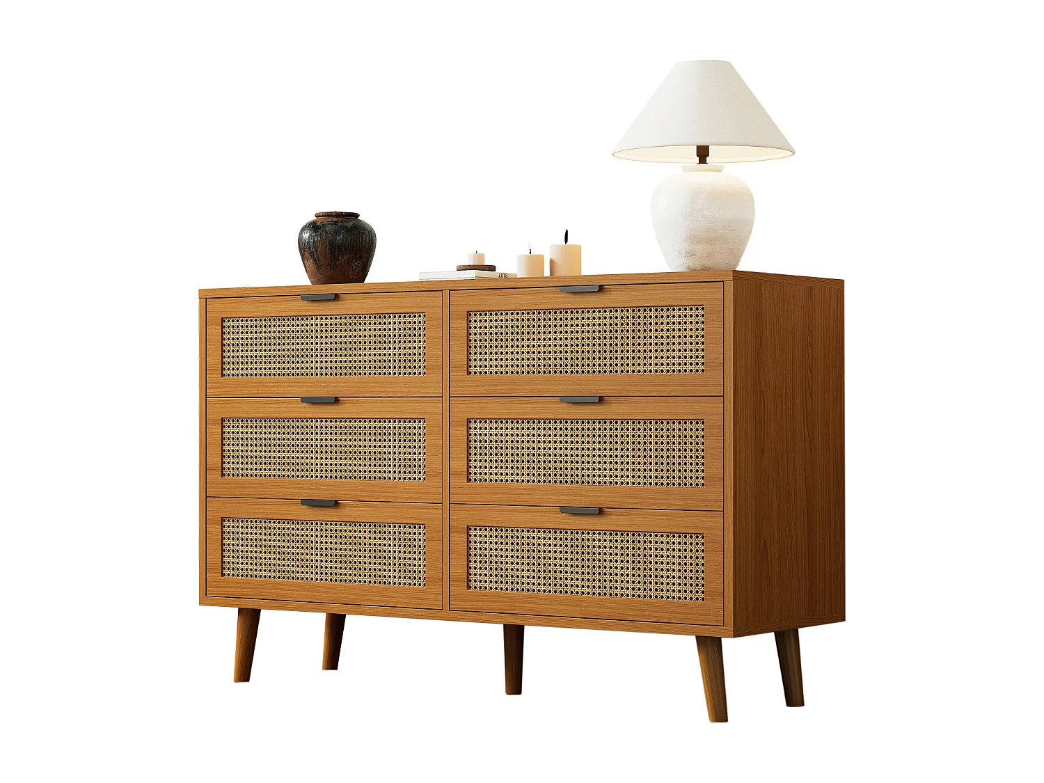 Commode avec 6 tiroirs, meuble de rangement en bois avec poignées métalliques, style rétro, pour chambre et bureau (120x40x76.5 cm)