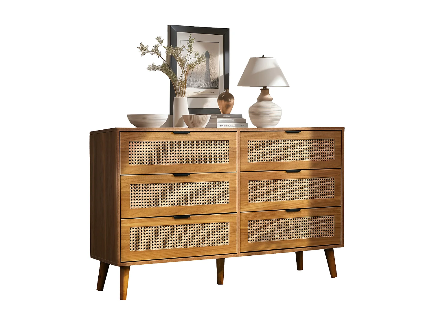 Commode avec 6 tiroirs, meuble de rangement en bois avec poignées métalliques, style rétro, pour chambre et bureau (120x40x76.5 cm)