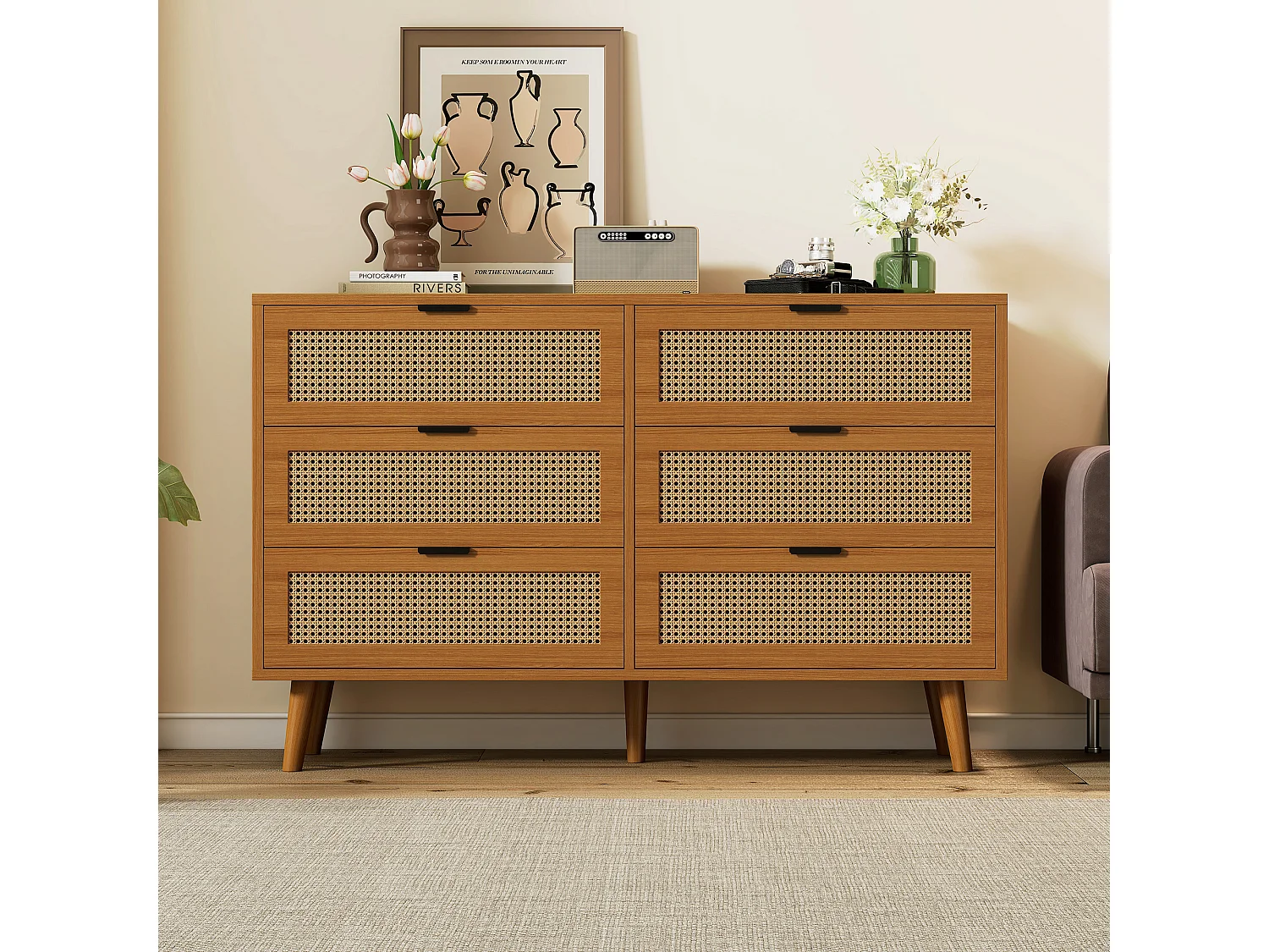 Commode avec 6 tiroirs, meuble de rangement en bois avec poignées métalliques, style rétro, pour chambre et bureau (120x40x76.5 cm)