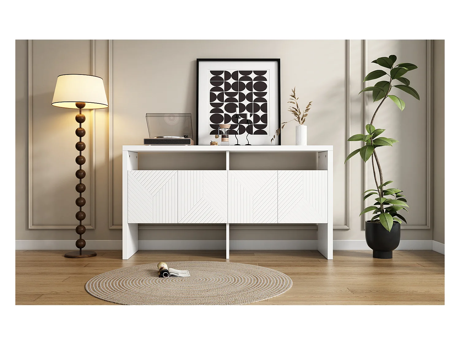 Cassettiera / Credenza / Mobiletto da ingresso con 2 ripiani aperti e 4 ante, MDF, bianco (140x75x35 cm)