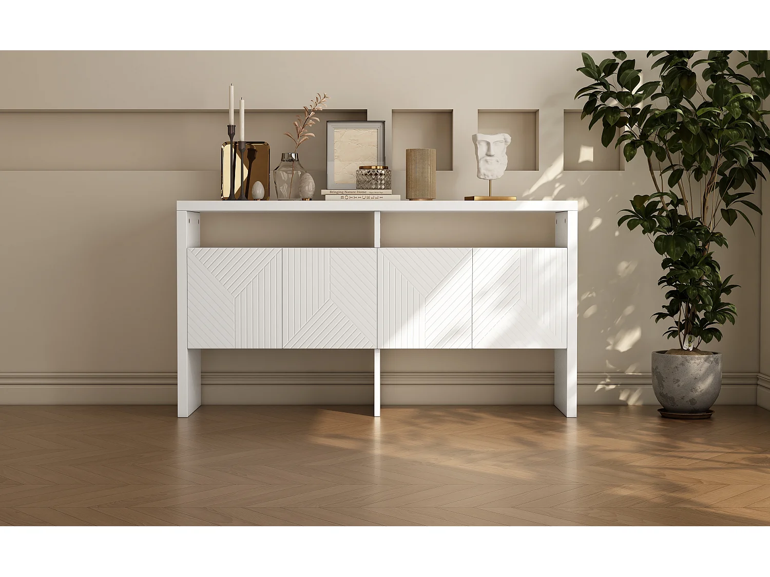 Cassettiera / Credenza / Mobiletto da ingresso con 2 ripiani aperti e 4 ante, MDF, bianco (140x75x35 cm)