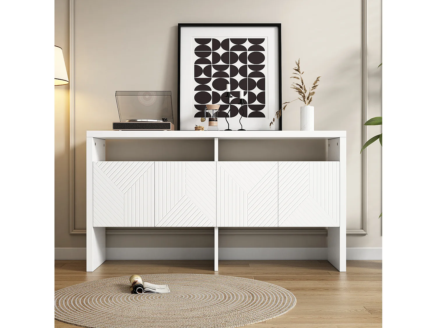 Commode / Buffet / Armoire d'entrée avec 2 étagères ouvertes et 4 portes, MDF, blanc (140x75x35 cm)