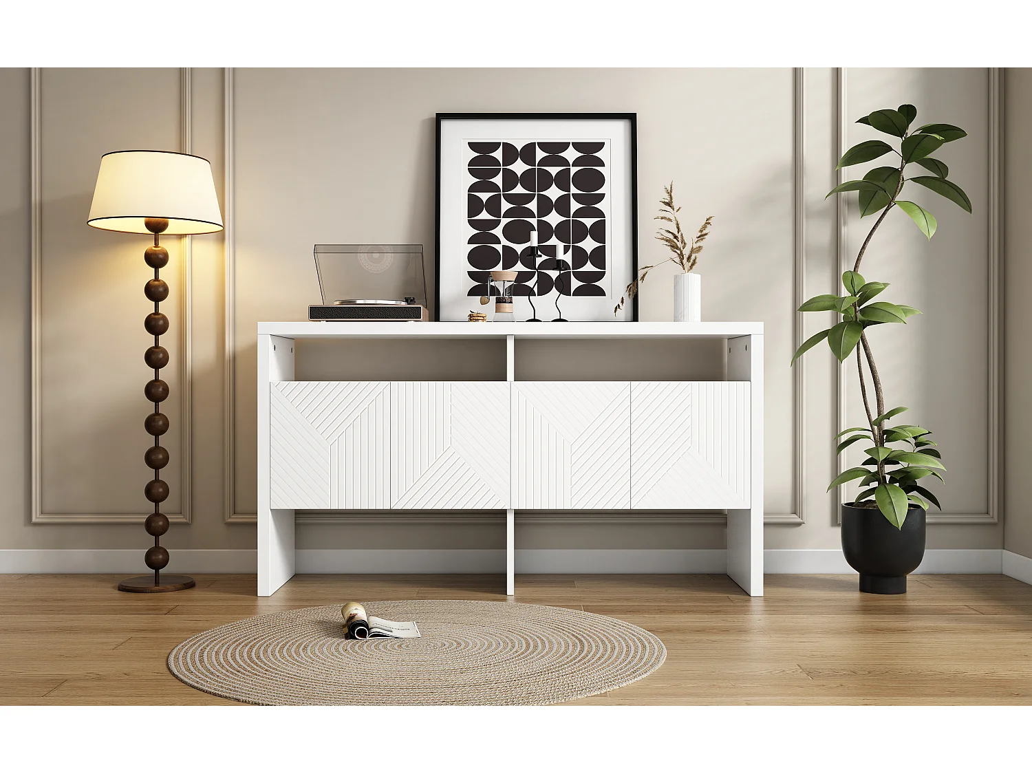 Commode / Buffet / Armoire d'entrée avec 2 étagères ouvertes et 4 portes, MDF, blanc (140x75x35 cm)