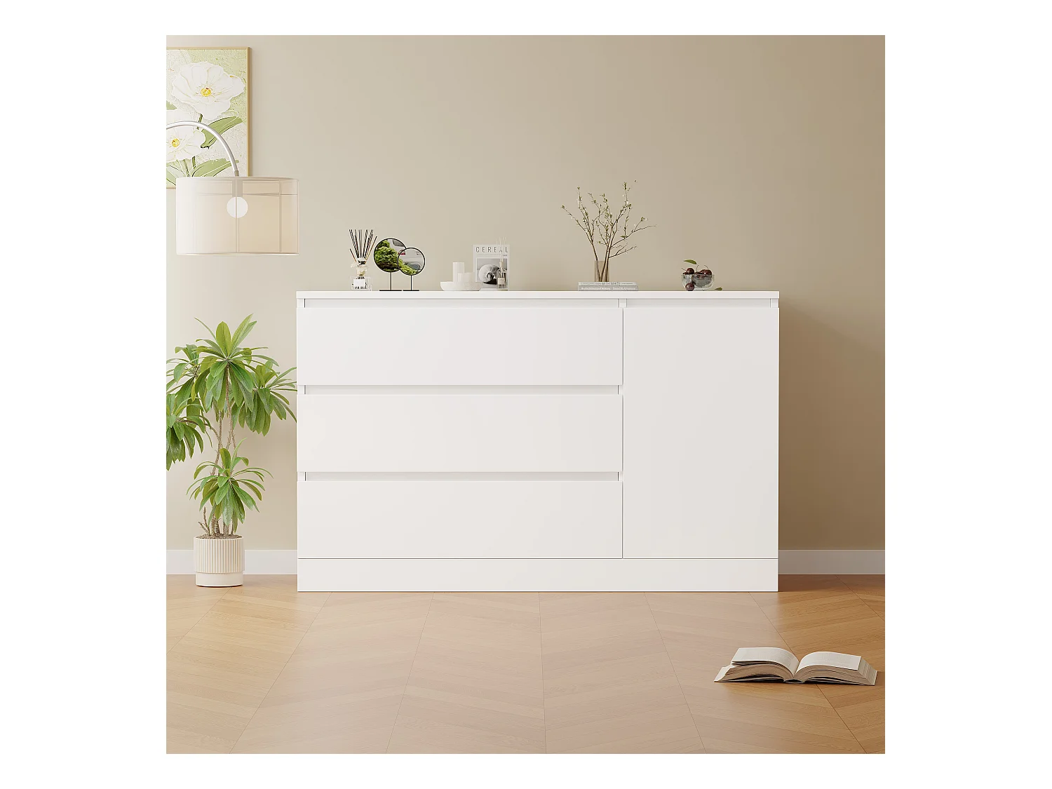 Ladekast, wandkast, eenvoudige opbergruimte, verborgen lades, MDF, wit (120x40x75 cm)