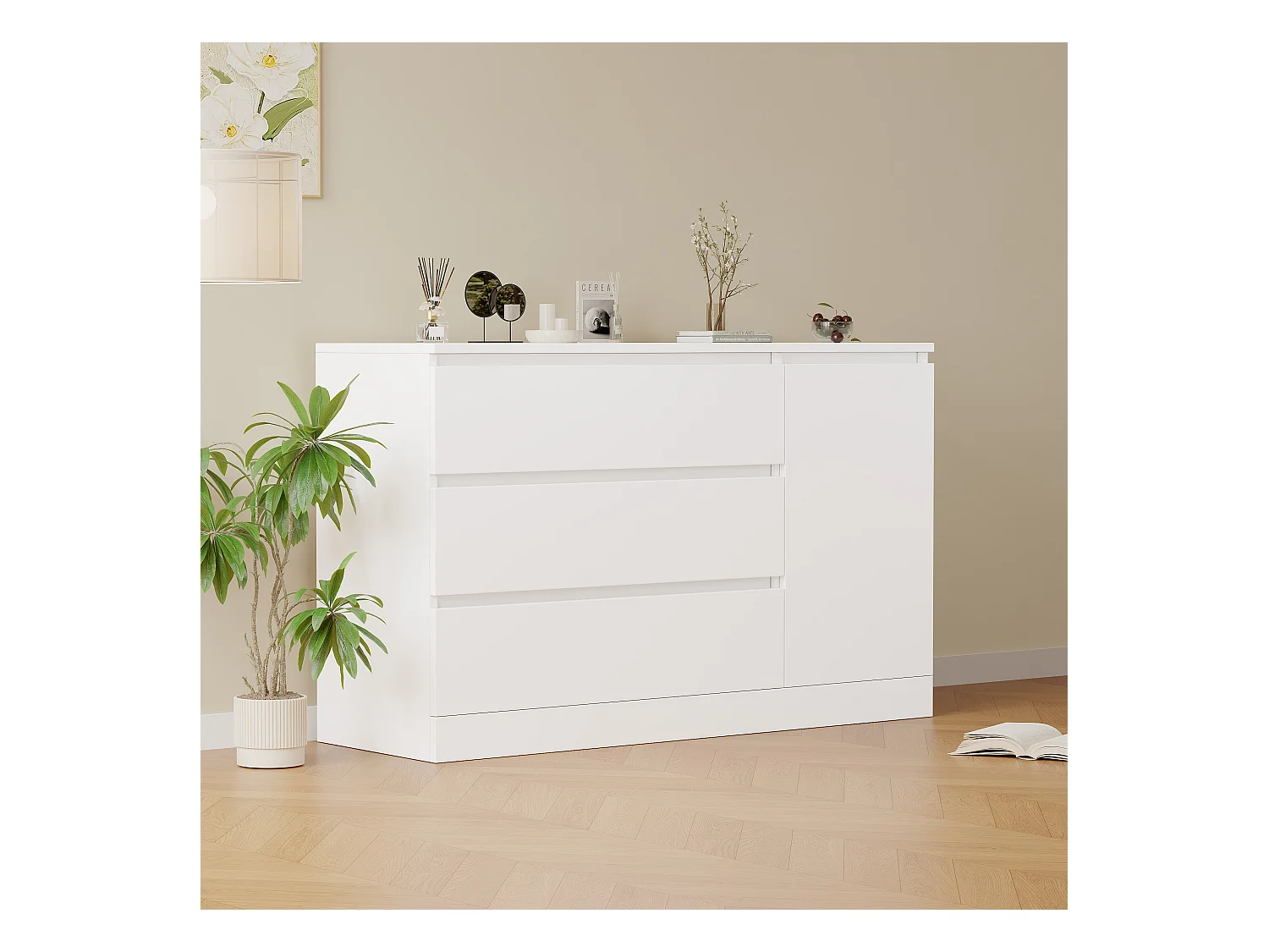 Ladekast, wandkast, eenvoudige opbergruimte, verborgen lades, MDF, wit (120x40x75 cm)