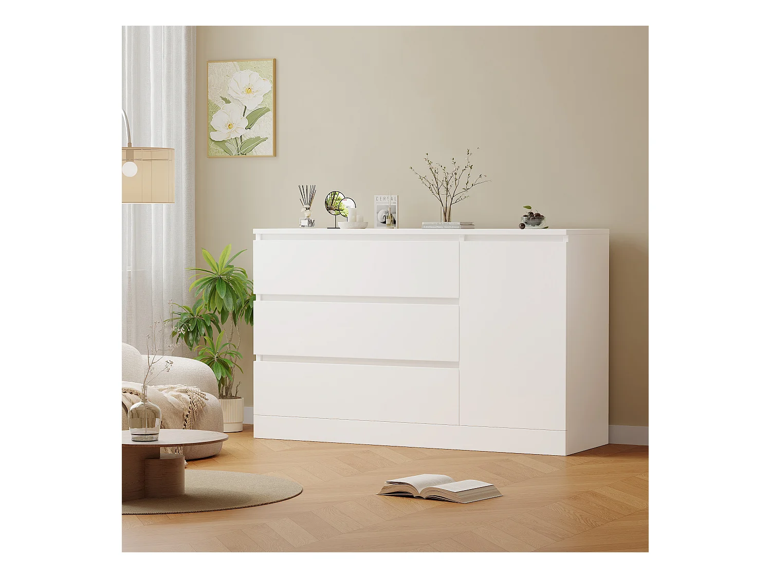 Ladekast, wandkast, eenvoudige opbergruimte, verborgen lades, MDF, wit (120x40x75 cm)