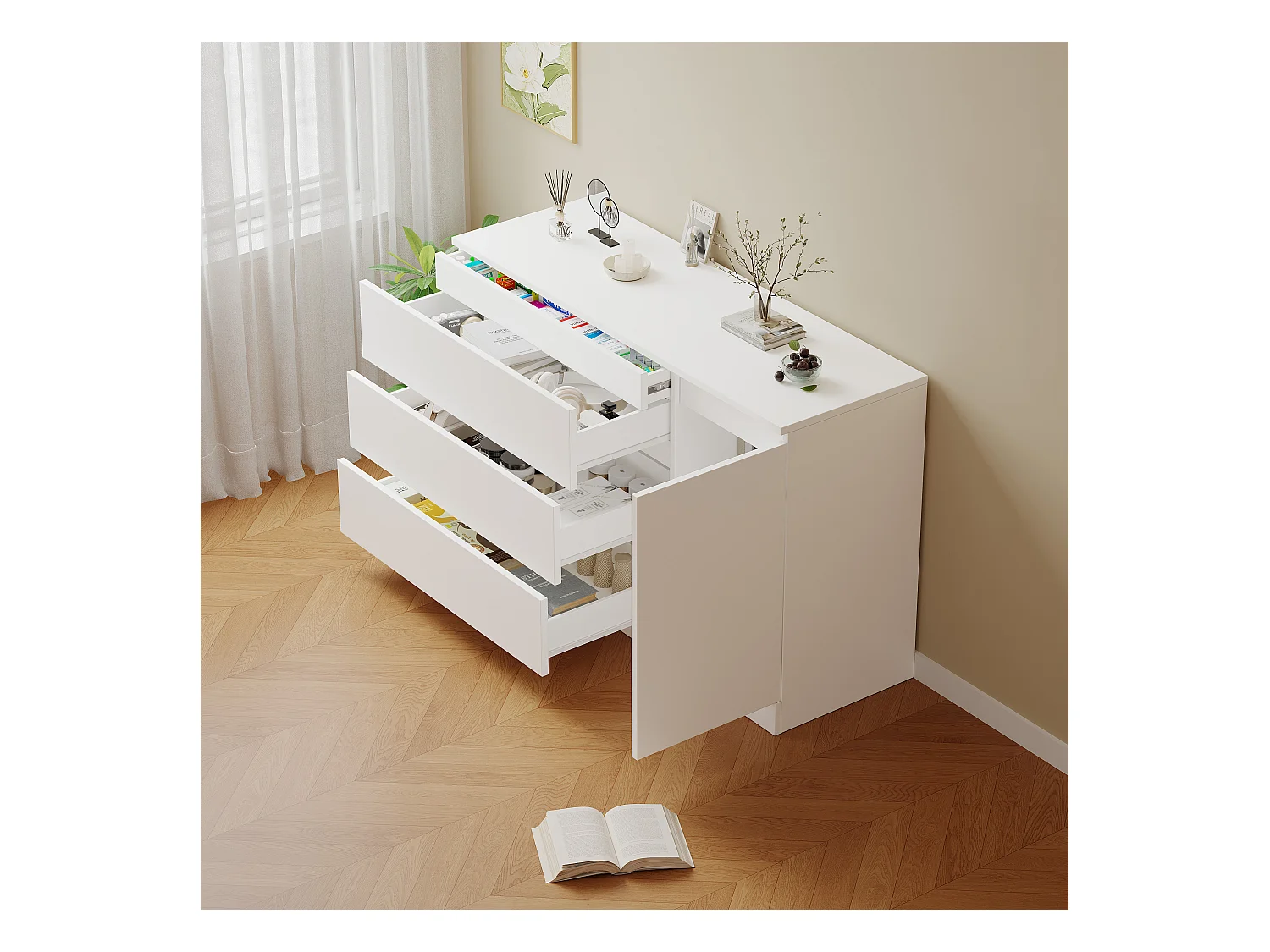 Ladekast, wandkast, eenvoudige opbergruimte, verborgen lades, MDF, wit (120x40x75 cm)