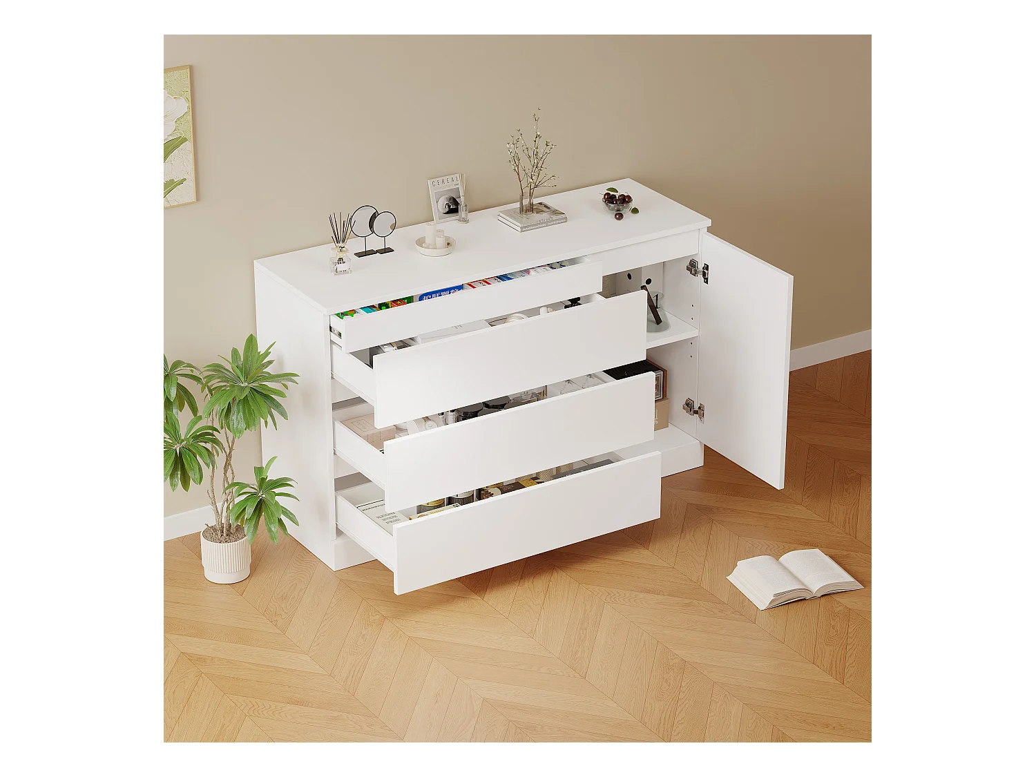 Ladekast, wandkast, eenvoudige opbergruimte, verborgen lades, MDF, wit (120x40x75 cm)