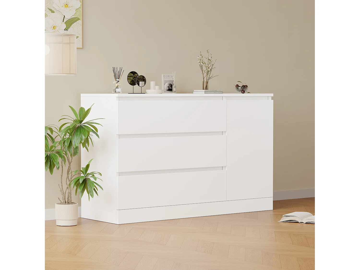 Commode à tiroirs, meuble de rangement mural, rangement simple, tiroirs cachés, MDF, blanc (120x40x75 cm)
