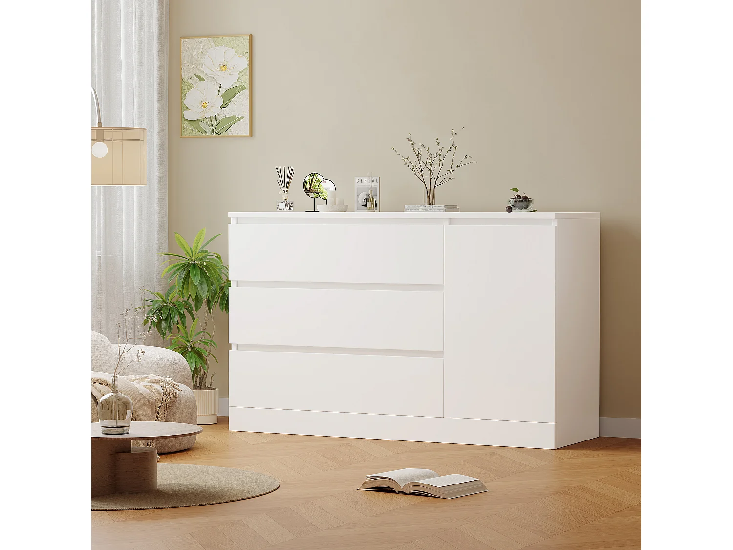 Commode à tiroirs, meuble de rangement mural, rangement simple, tiroirs cachés, MDF, blanc (120x40x75 cm)