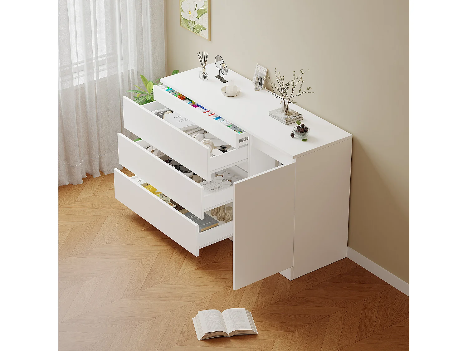 Commode à tiroirs, meuble de rangement mural, rangement simple, tiroirs cachés, MDF, blanc (120x40x75 cm)