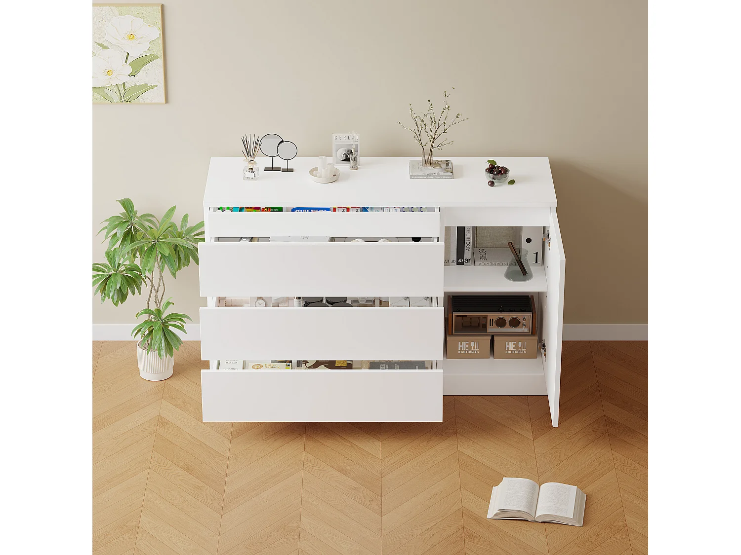 Commode à tiroirs, meuble de rangement mural, rangement simple, tiroirs cachés, MDF, blanc (120x40x75 cm)