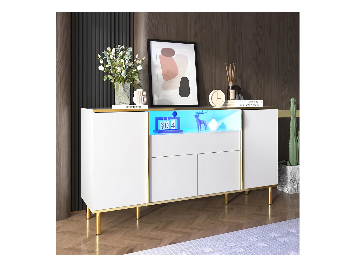 Commode moderne avec 1 tiroir, finition blanche brillante, MDF, blanc, 150x40x80 cm