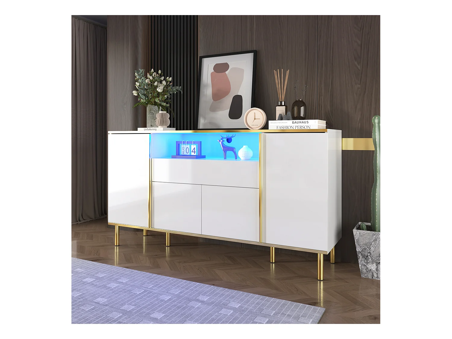 Commode moderne avec 1 tiroir, finition blanche brillante, MDF, blanc, 150x40x80 cm