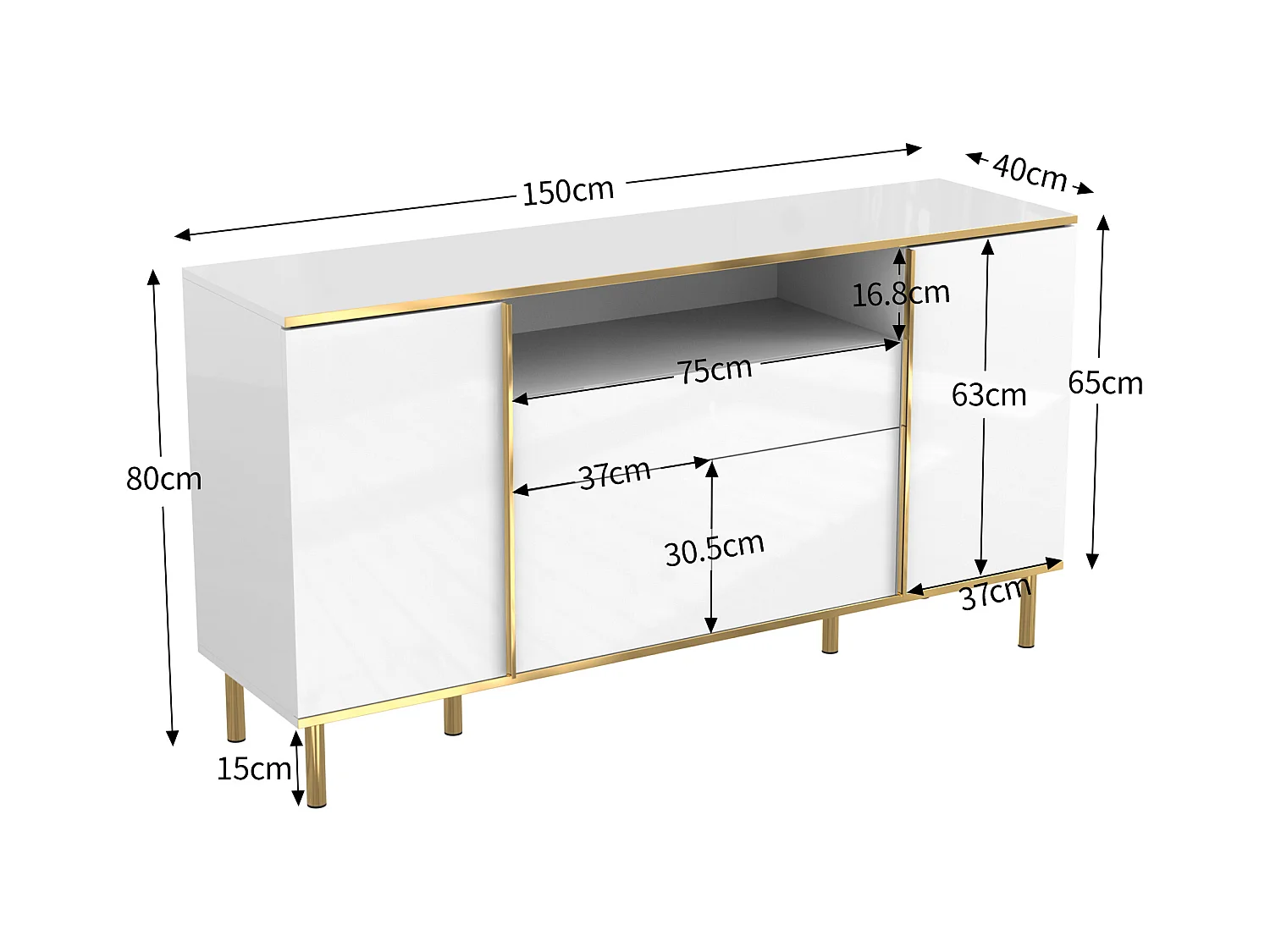 Commode moderne avec 1 tiroir, finition blanche brillante, MDF, blanc, 150x40x80 cm