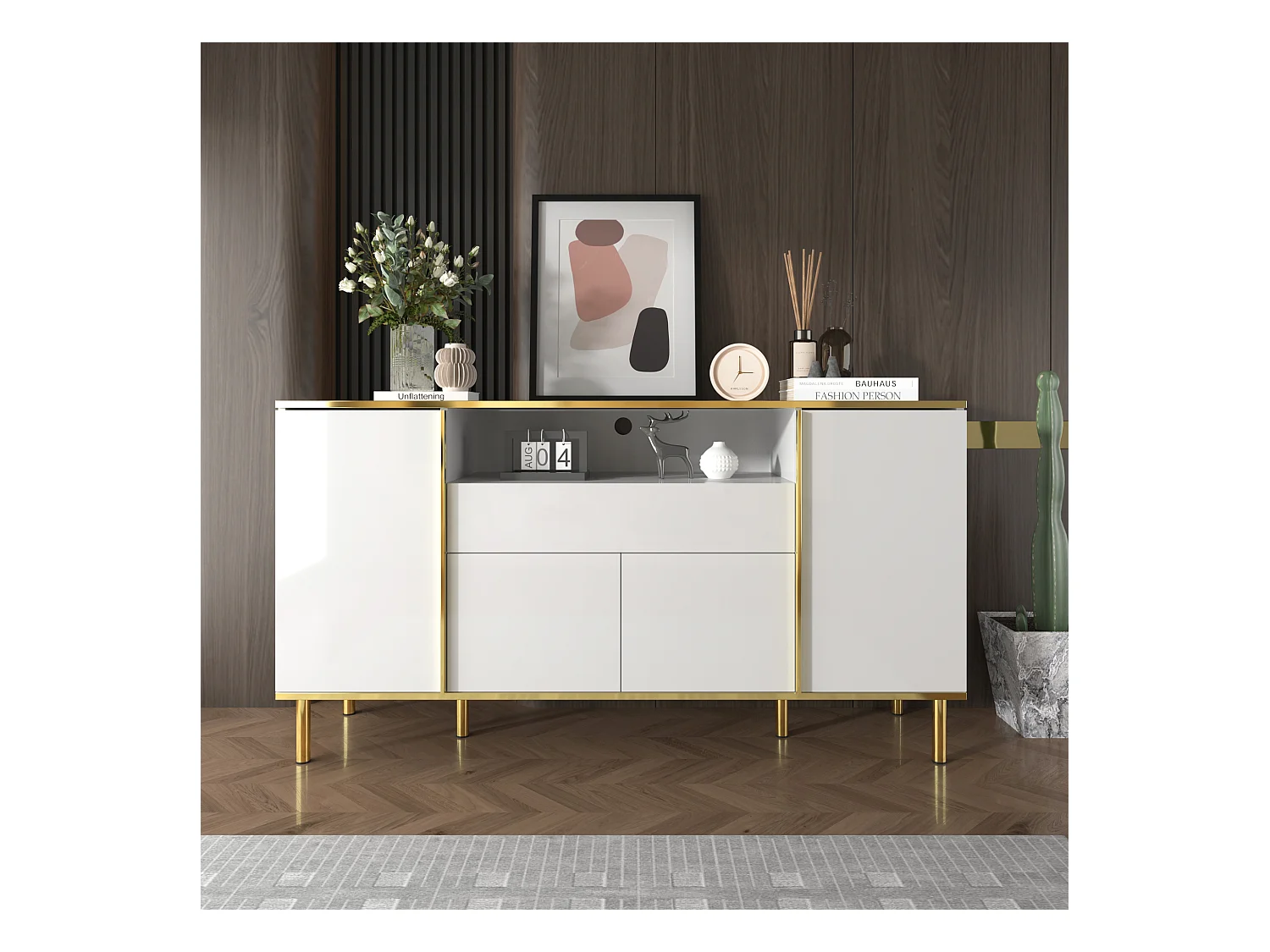 Commode moderne avec 1 tiroir, finition blanche brillante, MDF, blanc, 150x40x80 cm