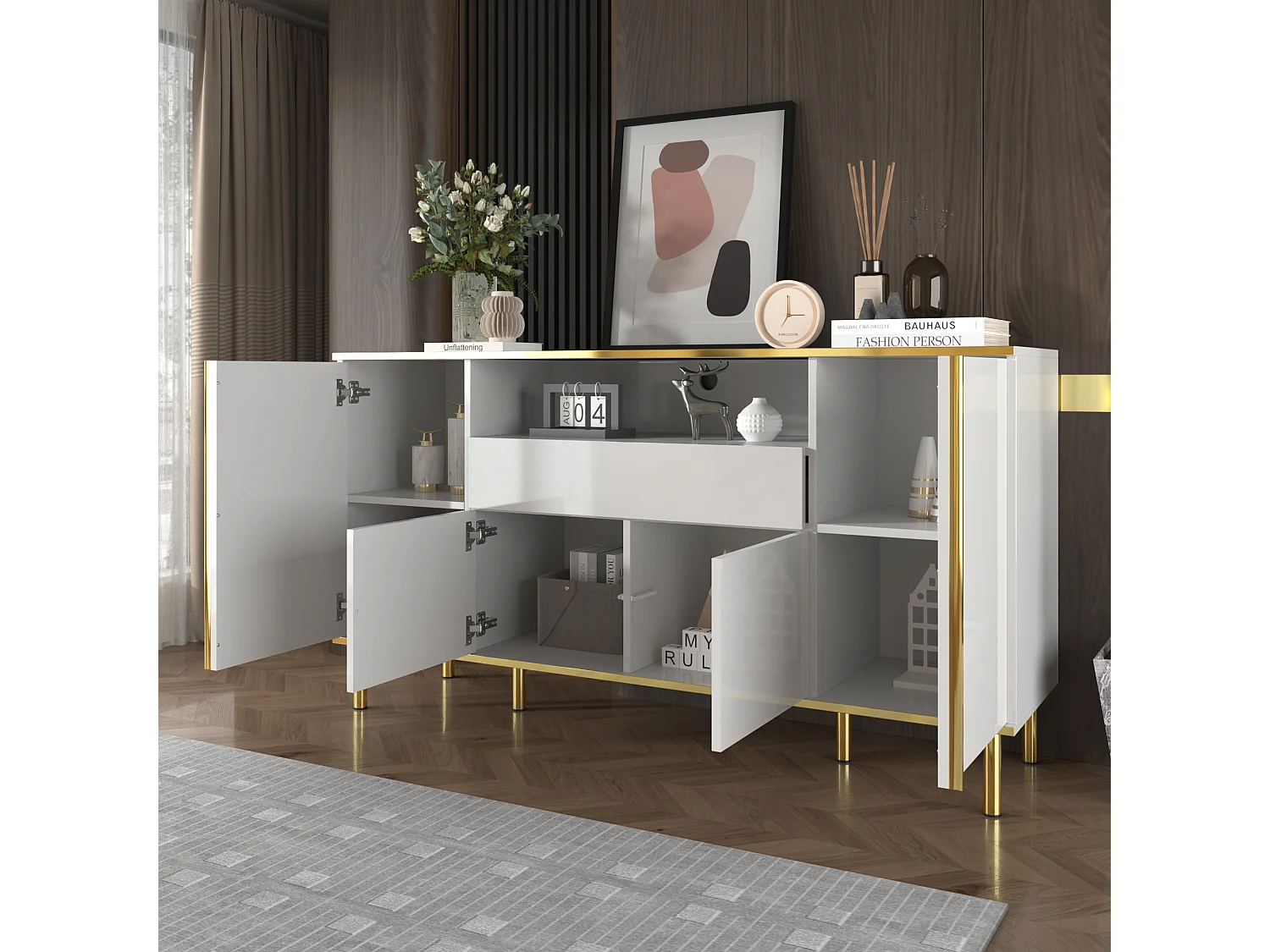 Moderne ladekast met 1 lade, glanzend witte afwerking, MDF, wit, 150x40x80 cm