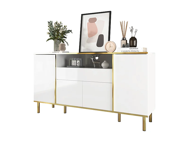 Cassettiera moderna con 1 cassetto, finitura bianco lucido, MDF, bianco, 150x40x80 cm