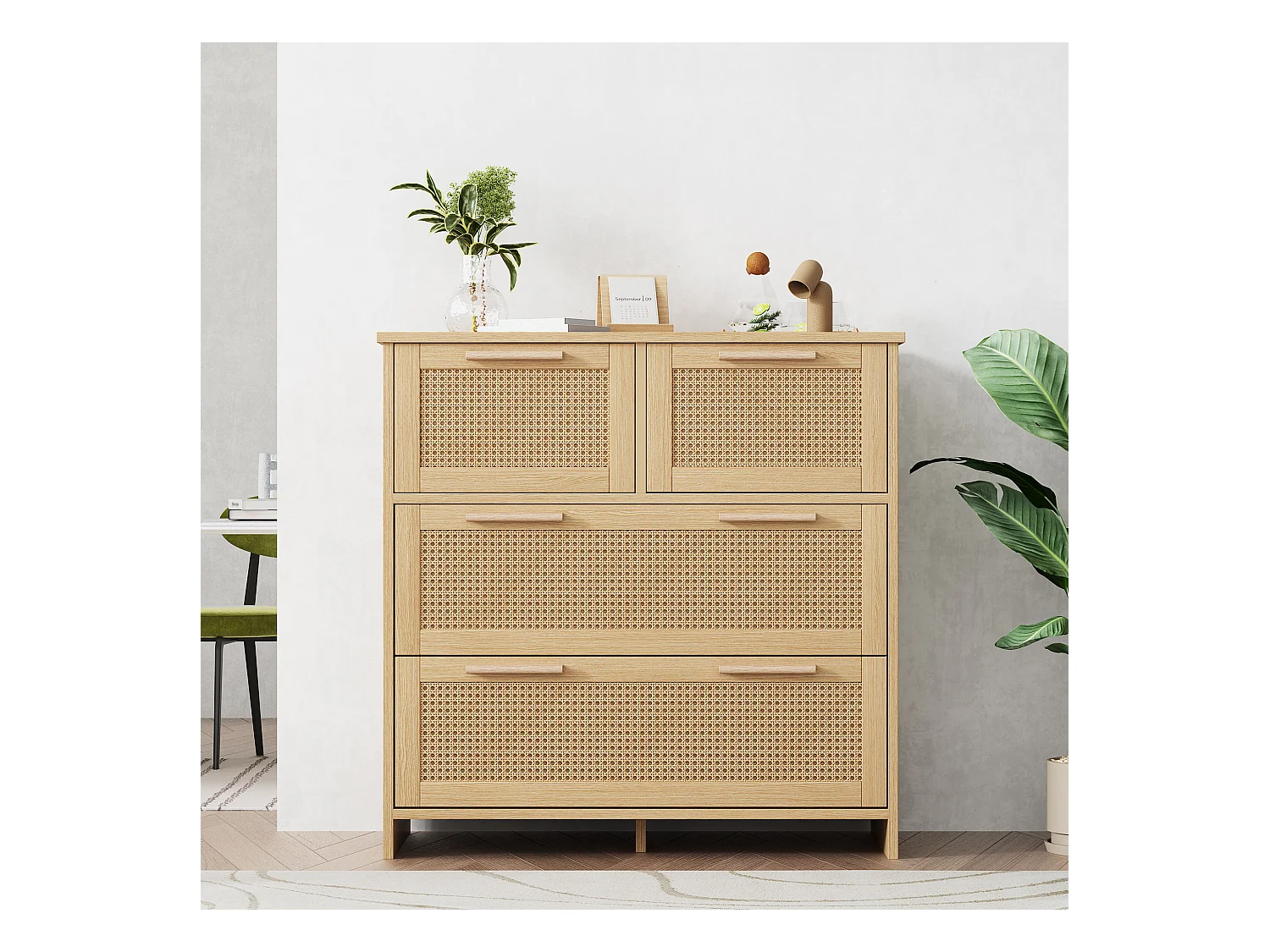 Rotan ladekast met 4 lades, massief houten handgrepen, elegante opbergruimte, MDF, naturel (80x38x80 cm)