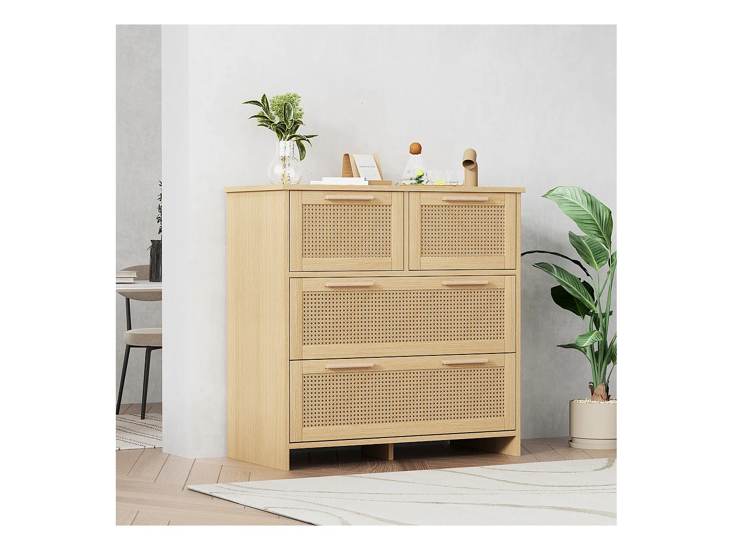 Rotan ladekast met 4 lades, massief houten handgrepen, elegante opbergruimte, MDF, naturel (80x38x80 cm)