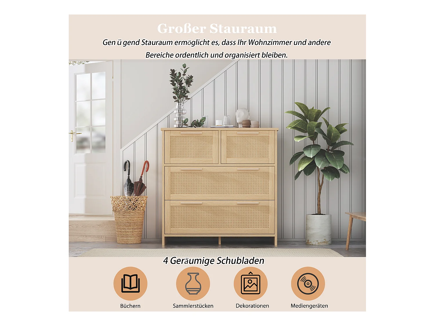 Rotan ladekast met 4 lades, massief houten handgrepen, elegante opbergruimte, MDF, naturel (80x38x80 cm)