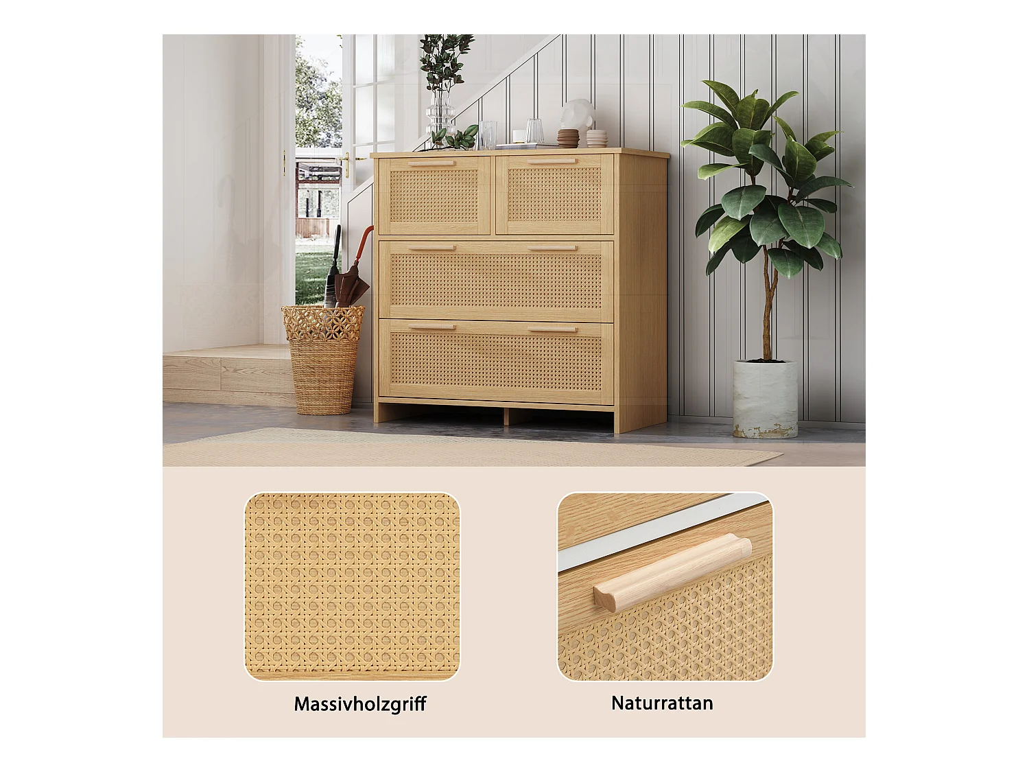 Rotan ladekast met 4 lades, massief houten handgrepen, elegante opbergruimte, MDF, naturel (80x38x80 cm)