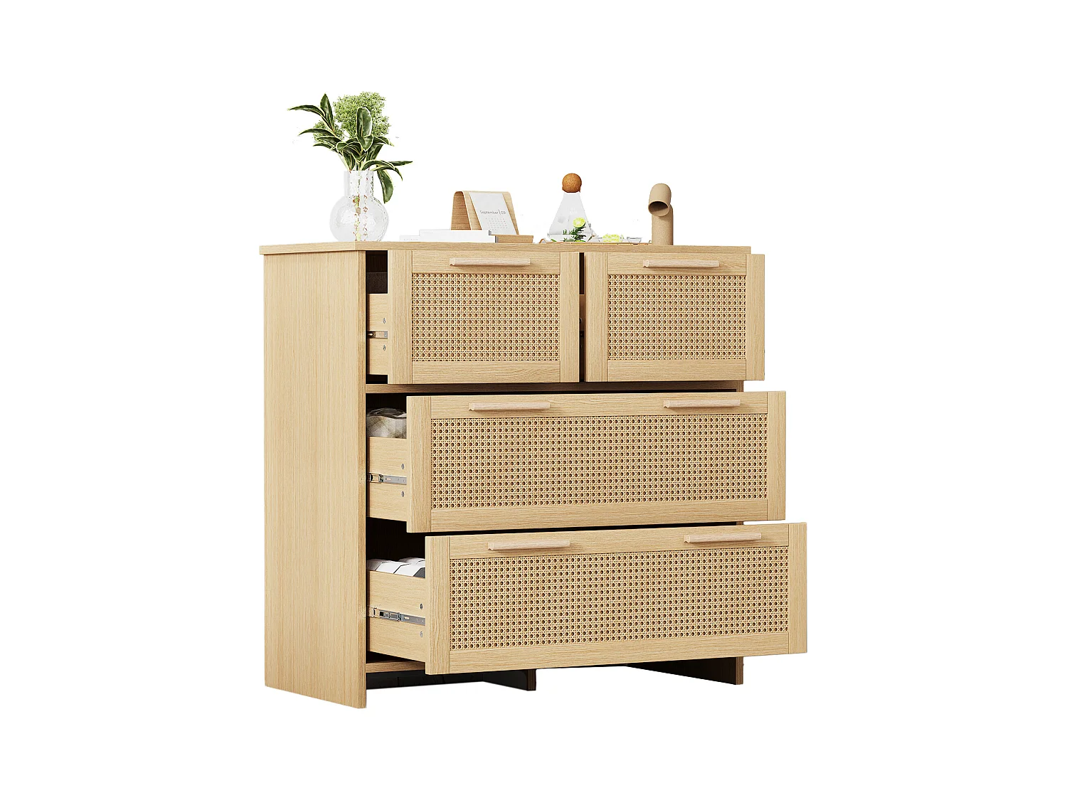 Rotan ladekast met 4 lades, massief houten handgrepen, elegante opbergruimte, MDF, naturel (80x38x80 cm)