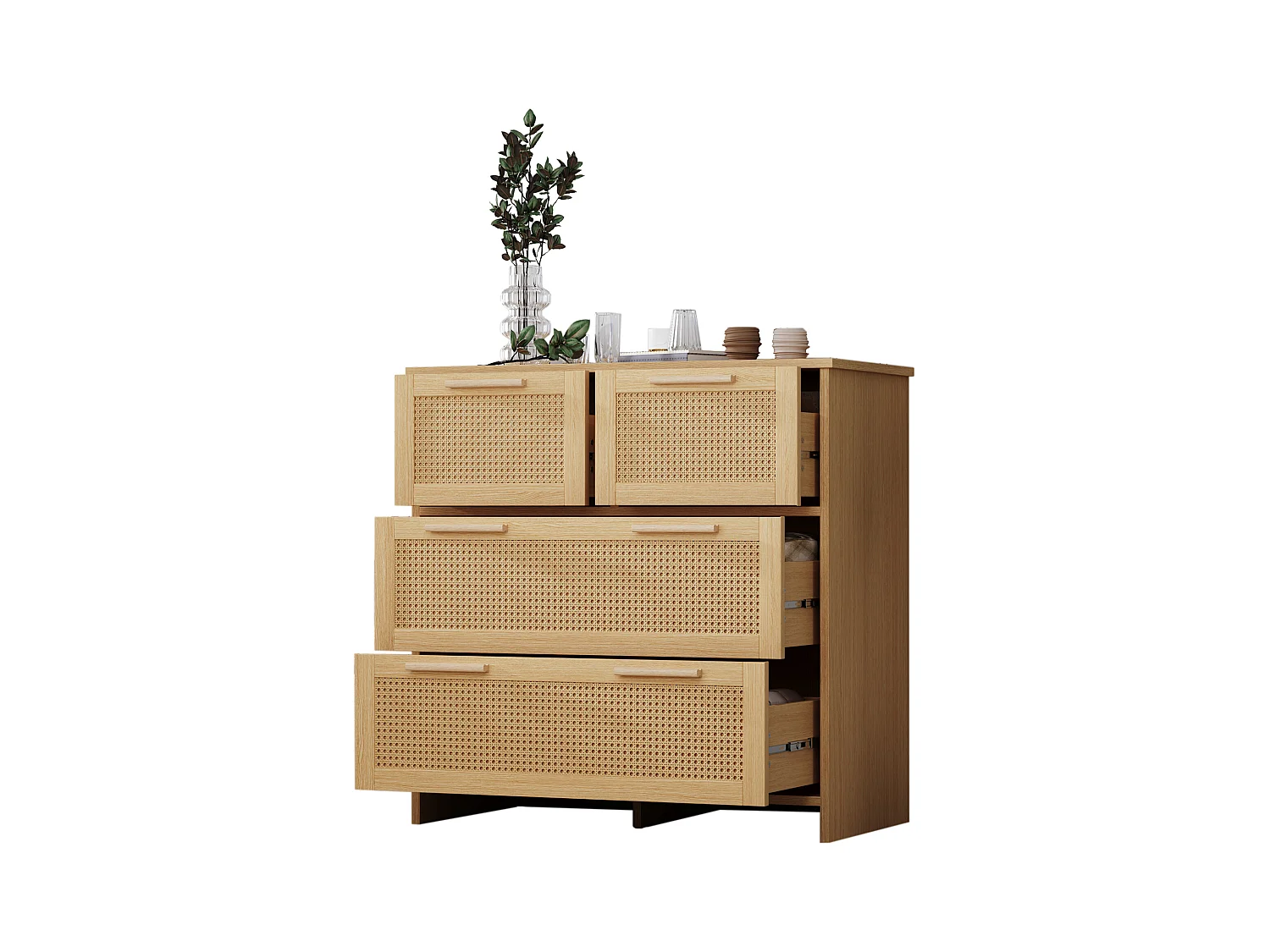 Rotan ladekast met 4 lades, massief houten handgrepen, elegante opbergruimte, MDF, naturel (80x38x80 cm)