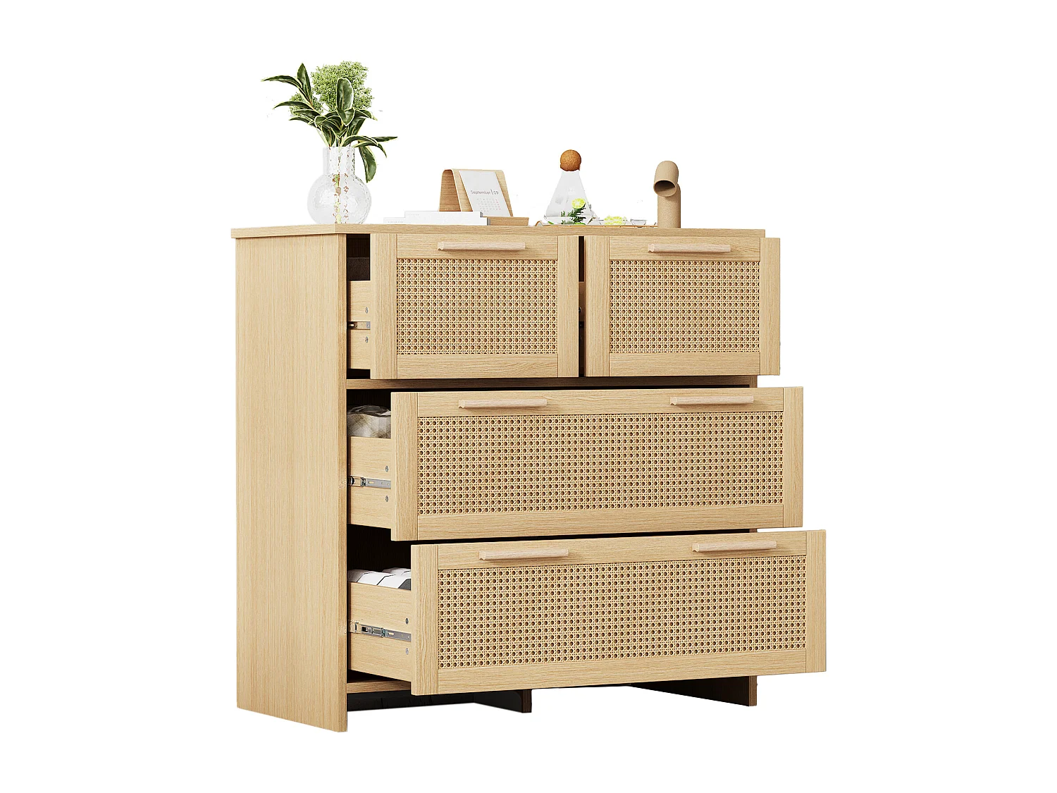 Commode en rotin avec 4 tiroirs, poignées en bois massif, rangement élégant, MDF, naturel (80x38x80 cm)
