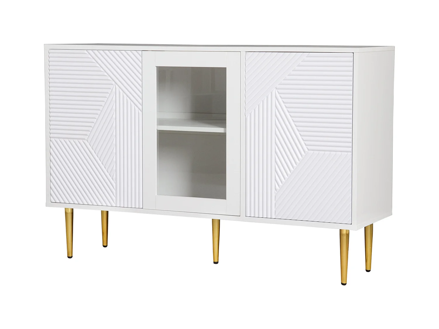 3-deurs ladekast met metalen poten en glazen deuren, wit (120x38x79,5 cm)