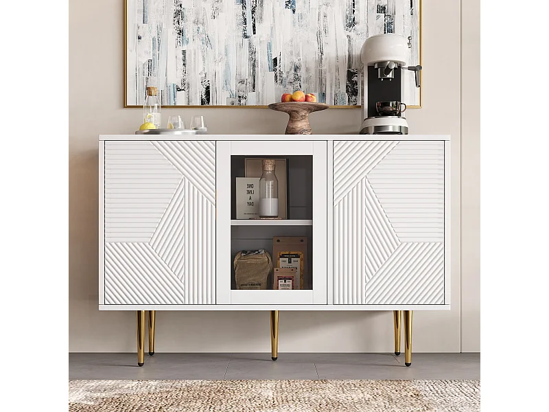 Cassettiera a 3 ante, con gambe in metallo e ante in vetro, bianca (120x38x79,5 cm)