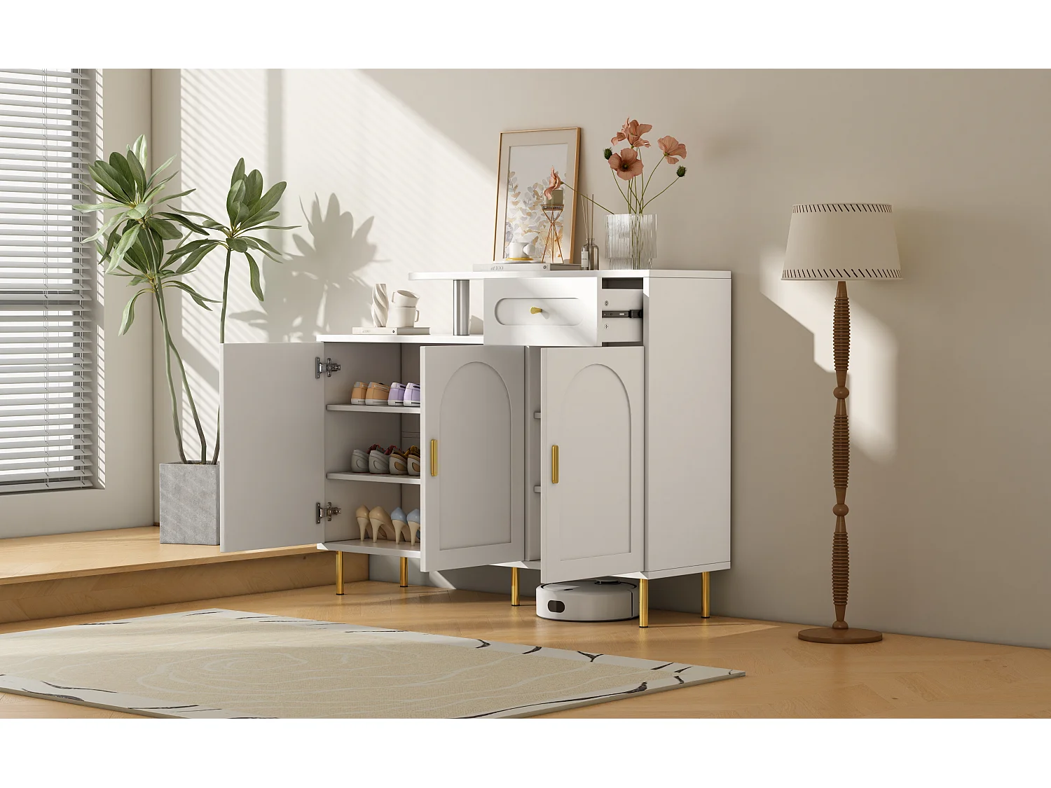 Commode / Buffet / Armoire d'entrée avec 2 étagères ouvertes et 4 portes, MDF, blanc (140x75x35 cm)