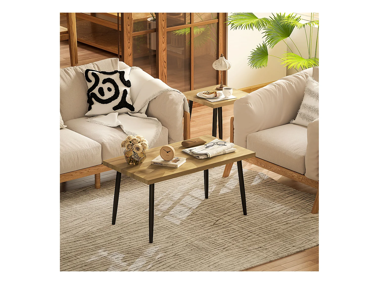 2-delige salontafel met metalen frame, industrieel design, natuurlijk hout, (90x50x45 cm)