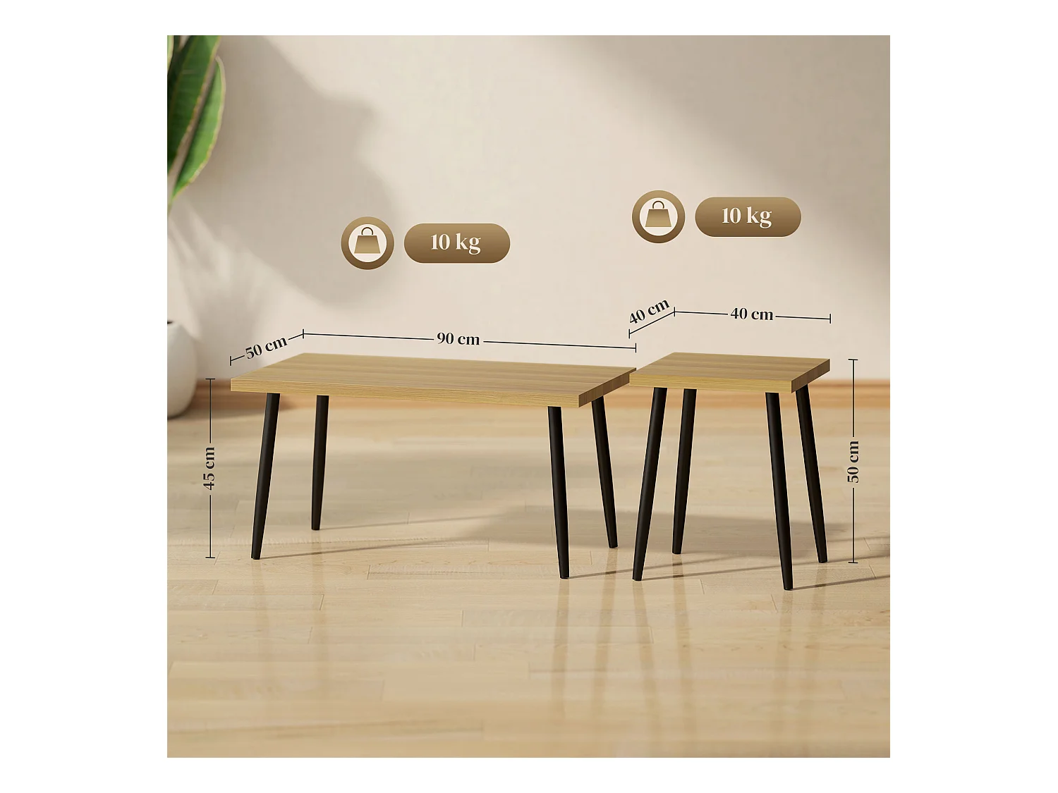 2-delige salontafel met metalen frame, industrieel design, natuurlijk hout, (90x50x45 cm)