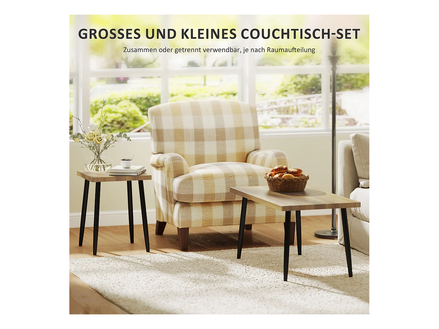 2-delige salontafel met metalen frame, industrieel design, natuurlijk hout, (90x50x45 cm)