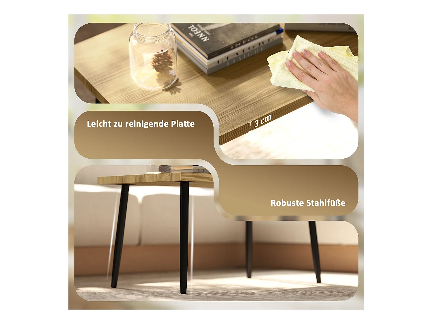 2-delige salontafel met metalen frame, industrieel design, natuurlijk hout, (90x50x45 cm)