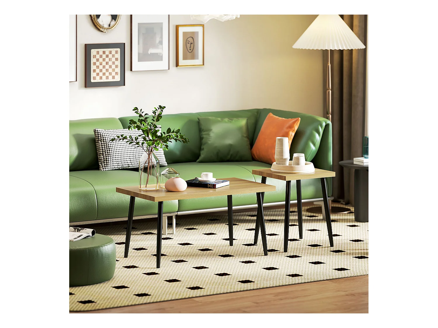 2-delige salontafel met metalen frame, industrieel design, natuurlijk hout, (90x50x45 cm)