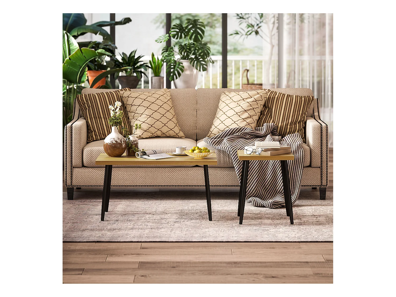 2-delige salontafel met metalen frame, industrieel design, natuurlijk hout, (90x50x45 cm)