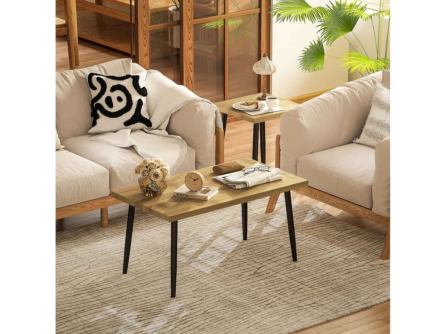 Table basse 2 pièces avec cadre en métal, design industriel, bois naturel, (90x50x45 cm)