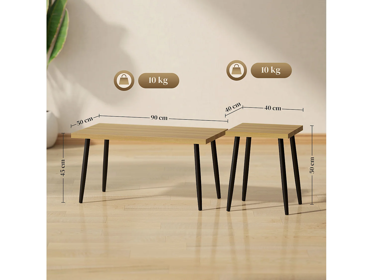 Table basse 2 pièces avec cadre en métal, design industriel, bois naturel, (90x50x45 cm)