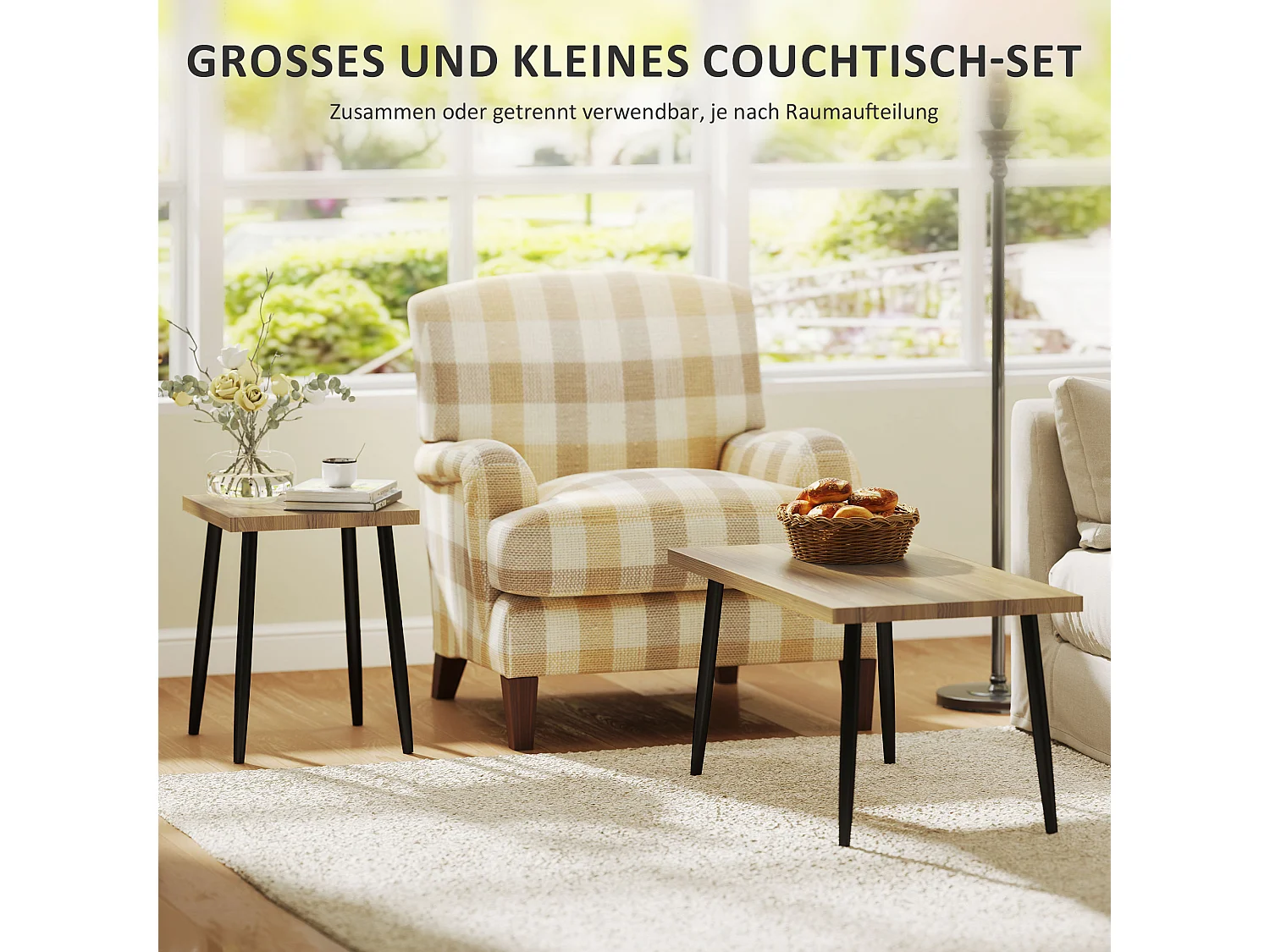 Table basse 2 pièces avec cadre en métal, design industriel, bois naturel, (90x50x45 cm)