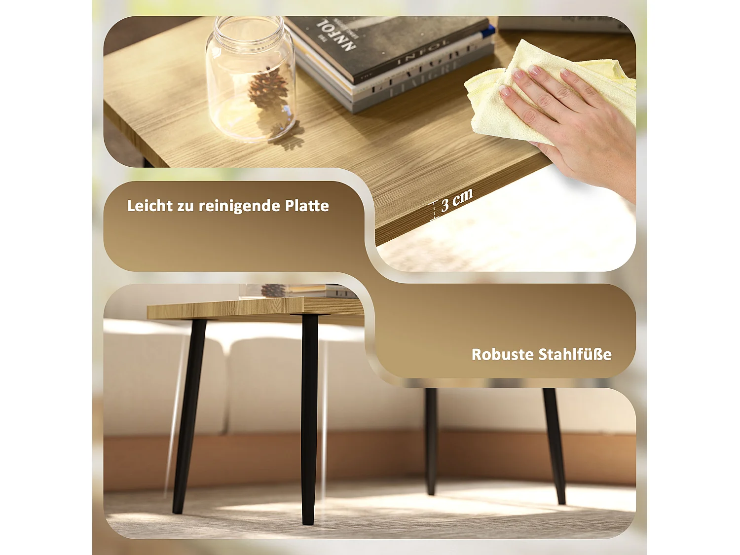 Table basse 2 pièces avec cadre en métal, design industriel, bois naturel, (90x50x45 cm)