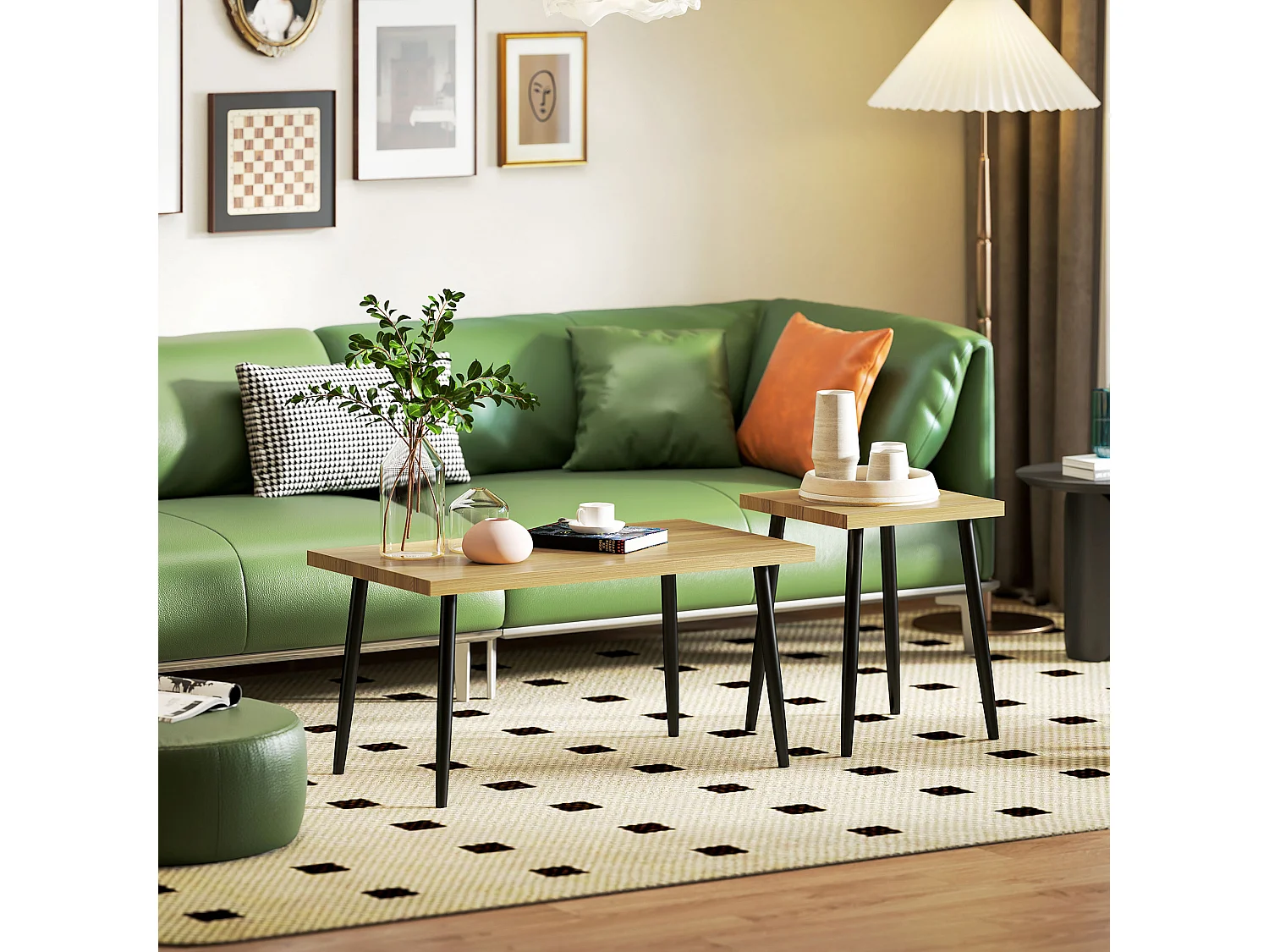 Table basse 2 pièces avec cadre en métal, design industriel, bois naturel, (90x50x45 cm)