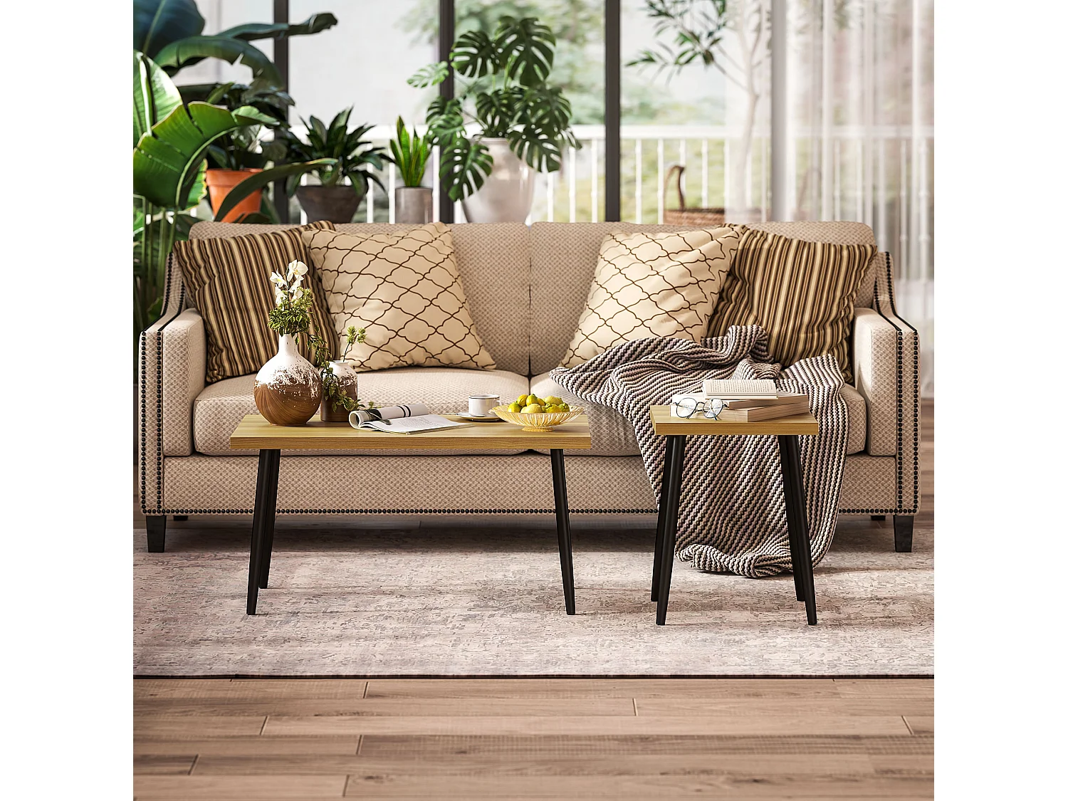 Table basse 2 pièces avec cadre en métal, design industriel, bois naturel, (90x50x45 cm)